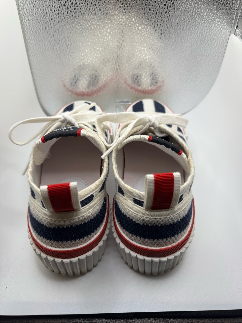 Christian Louboutin Navy & White Striped Low-Top Sneakers with Red Trim - Picture 4 of 15